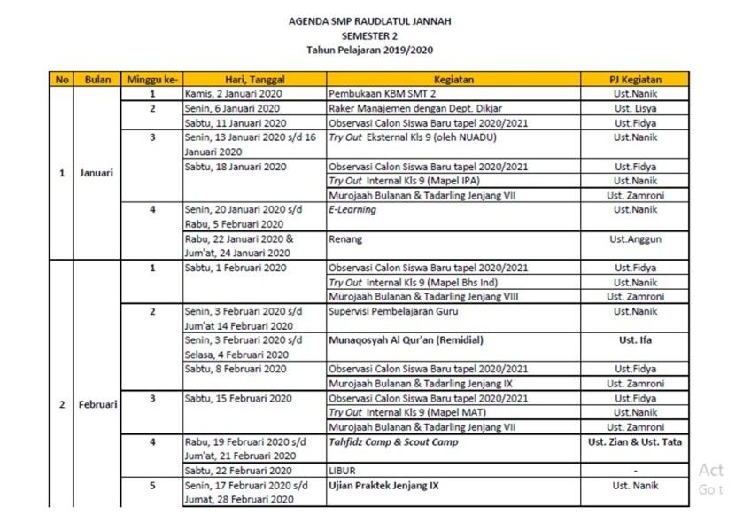 Agenda SMP Raudlatul Jannah 2019/2020