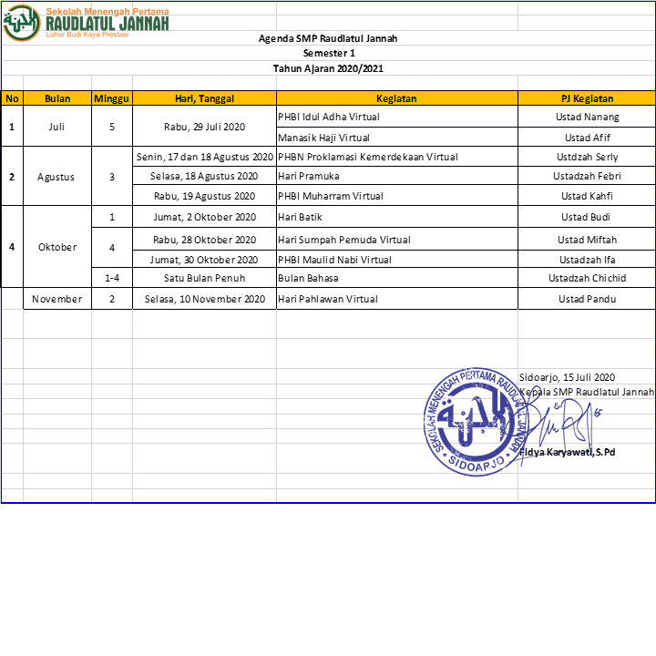 Agenda SMP Raudlatul Jannah TA. 2020/2021